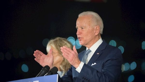  Democratic Party presidential candidate Joe Biden (R), accompanied by his wife Jill Biden (L), speaks at a primary night event at the National Constitution Center in Philadelphia, Pennsylvania, USA, 10 March 2020.