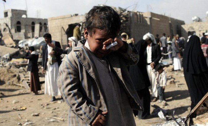 A boy cries after his community was destroyed in an attack by the Saudi Arabian-led coalition. May, 2020.