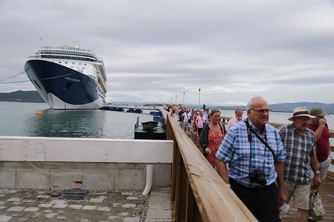 Tourists arriving at Port Royal, Jamaica on January 2020.