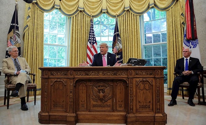 President Donald Trump in the Oval Office, Washington DC, U.S., July 20, 2020.