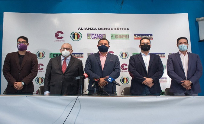 Democratic Alliance's leaders announcing their participation in the upcoming elections, Caracas, Venezuela, Sept. 8, 2020.
