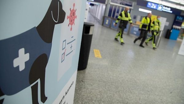 A general view of a sign informing of coronavirus-sniffing dogs as they start their work for a four-month test phase at Helsinki-Vantaa airport near Helsinki, Finland. September 23, 2020. 