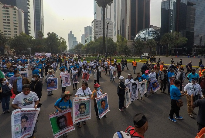 Families of the 43 students March in Mexico City on September 26, 2020.