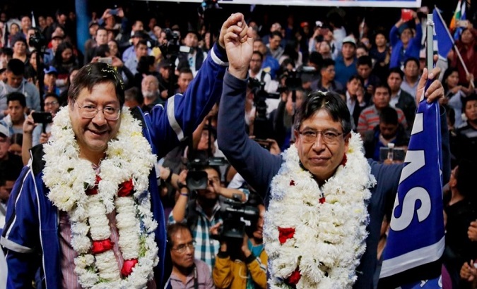 Luis Arce (L) and David Choquehuanca (R) during a MAS electoral campaign, El Alto, Bolivia, Sept. 14, 2020.