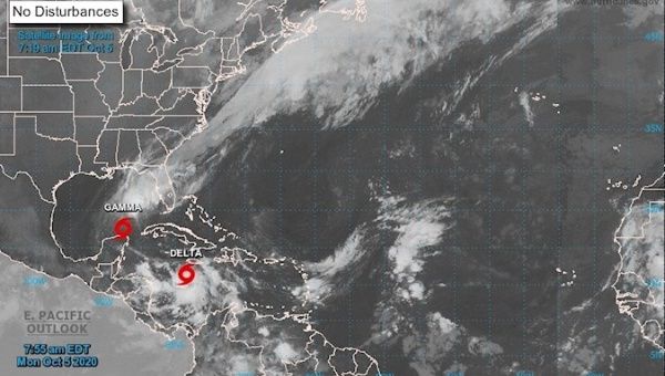 Satellite images from the National Hurricanes Center (NHC) and National Oceanic and Atmospheric Administration (NOAA) show the location of Tropical Storms Gamma and Delta in the Caribbean. October 5, 2020.