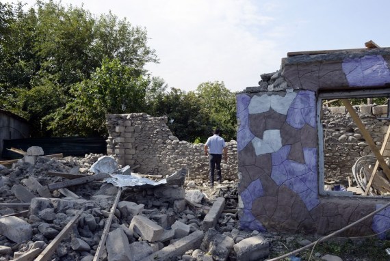 Photo taken on Sept. 29, 2020 shows a house damaged in the clashes between Armenian and Azerbaijani forces in the Tartar district bordering the Nagorno-Karabakh region.