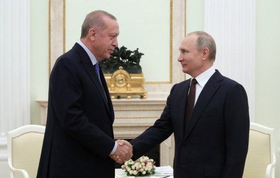 Russian President Vladimir Putin (R) meets with his Turkish counterpart Recep Tayyip Erdogan in Moscow, Russia, on March 5, 2020.