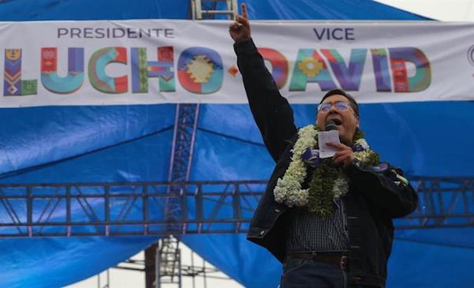Luis Arce at the MAS closing campaign act in El Alto, Bolivia, Oct. 14, 2020.