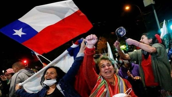 People rejoice after plebiscite's approval, Santiago, Chile, Oct. 25, 2020.