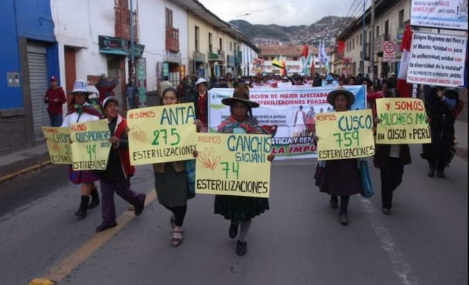 Women victims of forced sterilization from the cities of Cusco, Anta, Quispicanchis, and Canchis demand justice in Lima, Peru, Nov. 13, 2018.