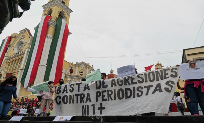 Journalists condemn the murder of Julio Valdivida, Veracruz, Mexico, Sep. 10, 2020.The sign reads, 
