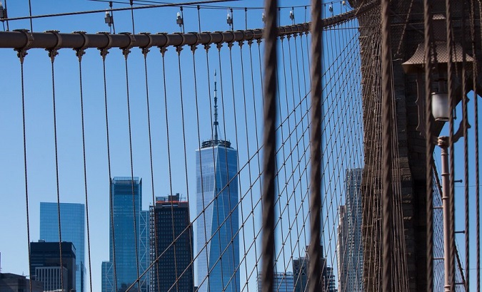 One World Trade is seen from the Brooklyn Bridge, New York, U.S., March 27, 2020.
