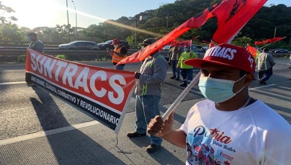 Construction workers protest attempts to change labor rights, Panama, Jan. 18, 2021.