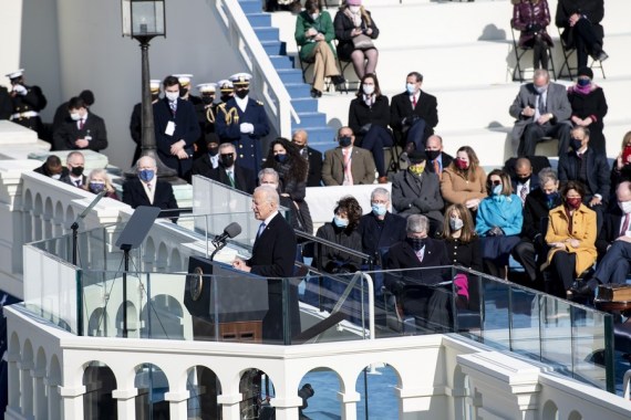 U.S. President Joe Biden (Front) delivers his inaugural address after he was sworn in as the 46th president of the United States in Washington, D.C., the United States, on Jan. 20, 2021.