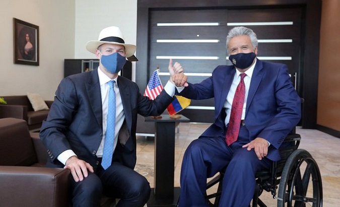 President Lenin Moreno (R) and US International Development Finance Corporation’s former CEO Adam Boehler (L), Quito, Ecuador, Jan. 14, 2021.