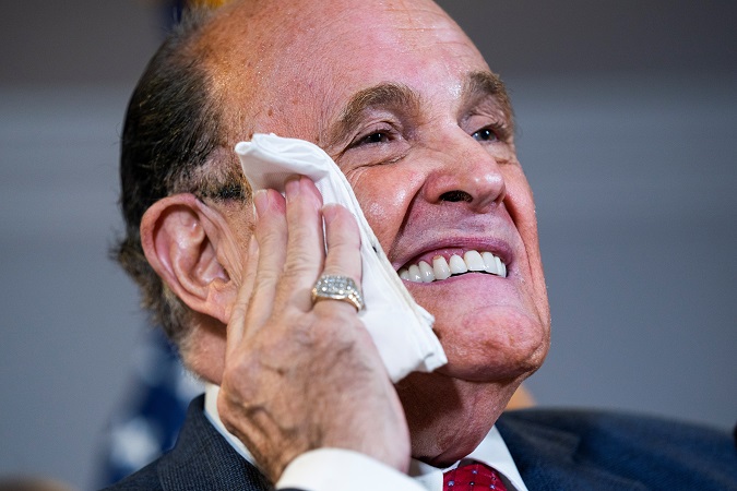 Lawyer to former US President Donald J. Rudy Giuliani speak about the president's legal challenges to his election loss to President-elect Joe Biden in the Republican National Committee Headquarters in Washington, DC, USA, 19 November 2020