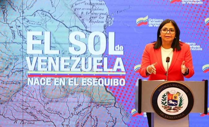 Vice President Delcy Rodriguez provides information over Guayana Esequiba territorial dispute, Caracas, Venezuela.