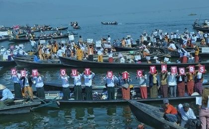 People protesting at Inle lake, Myanmar Feb. 11, 2021.