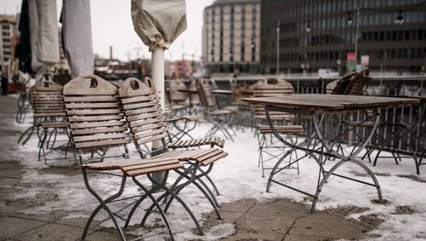 Empty open air seats of the Rhineland region related bar 'StaeV' in Berlin, Germany, Feb. 15, 2021. 