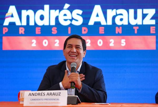 The correista candidate for the Ecuadorian Presidency, Andrés Arauz, speaks during a press conference after obtaining first place in the first round of the 2021 presidential elections, in Quito