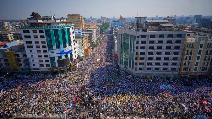 The crowds take to the streets of Mandalay, Myanmar's second largest city on February 22, 2021.