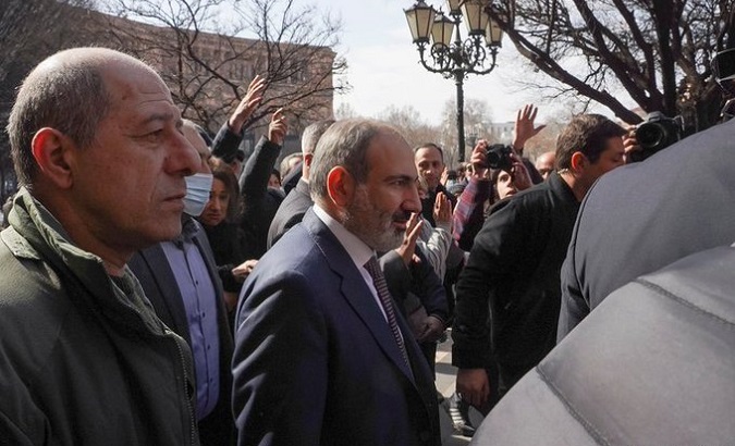 PM Nikol Pashinian during a march to Republic Square, Yerevan, Armenia, Feb. 25, 2021.
