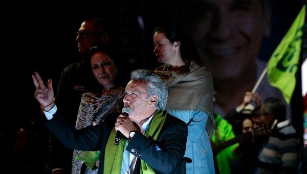 Archival footage of then electoral candidate Lenin Moreno in 2017, at the Alianza País Party headquarters in Quito (Ecuador). 