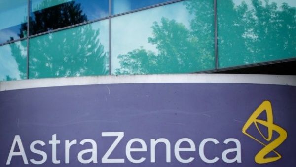 Photo taken on May 18, 2020 shows a logo in front of AstraZeneca's building in Luton, Britain. 