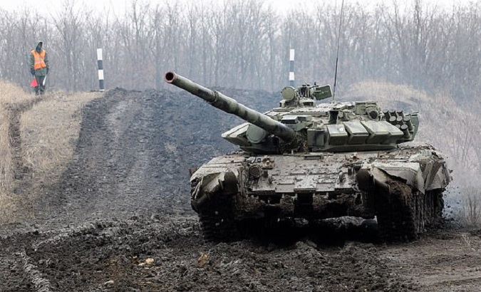 A tank controlled by militants of the Donetsk People's Republic near the Ukrainian border.