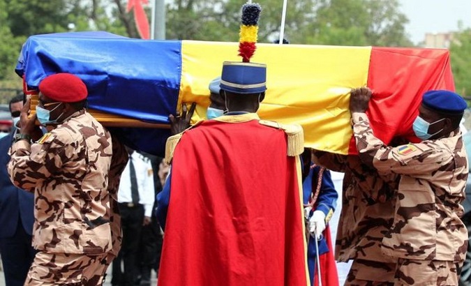 Coffin of President Idriss Deby Itno during the state funeral in N'Djamena, Chad, Apr. 23, 2021.