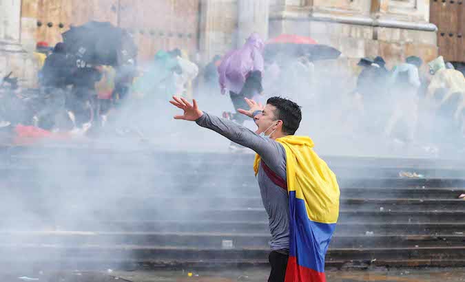 A citizen protests in Bogota, Colombia, May 1, 2021.