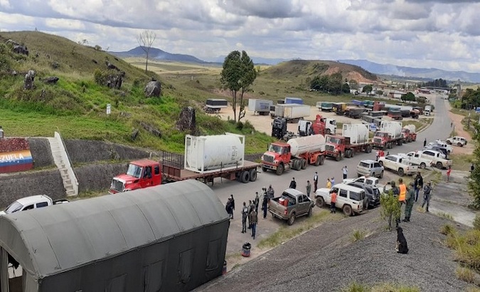 Venezuelan trucks loaded with medical oxygen reach Manaus, Brazil, Jan. 2021.