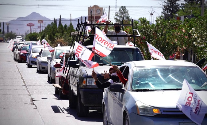 A caravan shows support for Morena party's electoral campaign, Chihuahua, Mexico, May. 19, 2021.