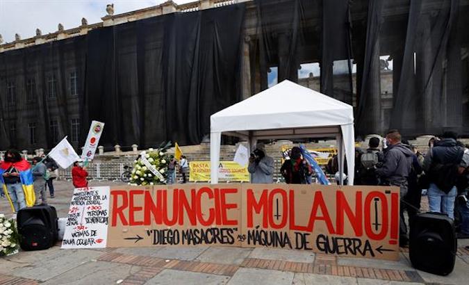 Citizens demand Diego Molano's resignation in Bogota, Colombia,  May 24, 2021.