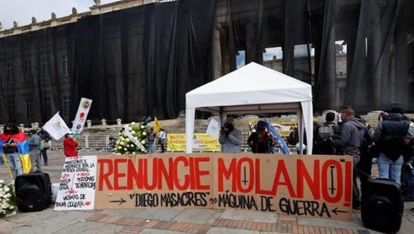 Citizens demand Diego Molano's resignation in Bogota, Colombia,  May 24, 2021.
