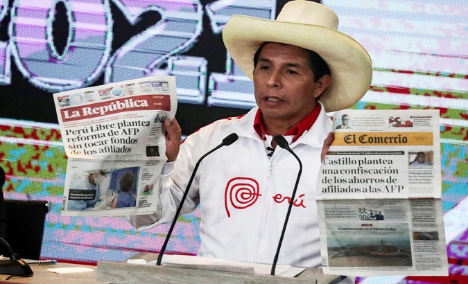 Candidate Pedro Castillo speaks in presidential debate, Peru, May 30, 2021.