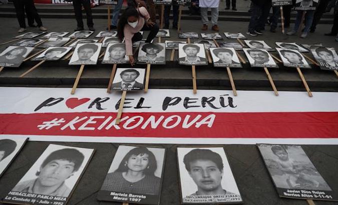 Relatives of victims of massacres that occurred under Alberto Fujimori's term reject his daughter's candidacy, Lima, Peru, May 2021.