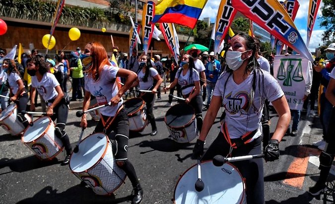 A group of women protest in Bogota, Colombia, May 2021.