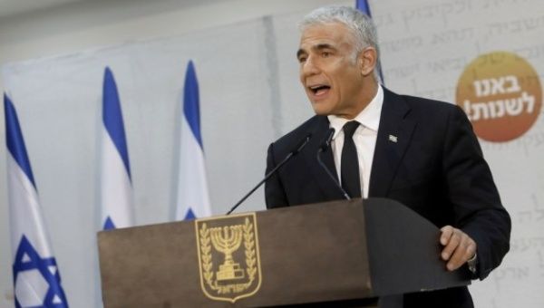 Yair Lapid, leader of Israeli centrist party of Yesh Atid, speaks during a press conference in Tel Aviv, Israel, on May 6, 2021.