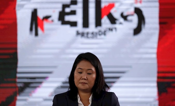 Keiko Fujimori at a press conference with foreign journalists, Lima, Peru, June 12, 2021.