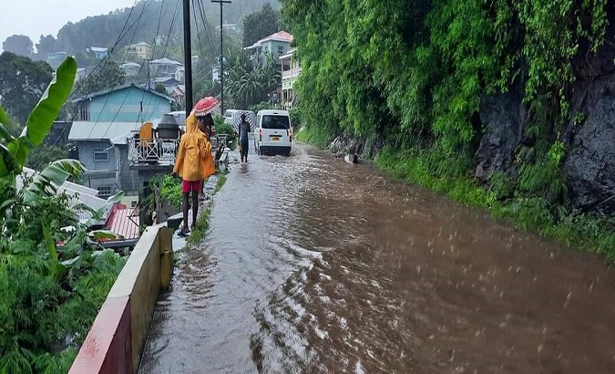 A flooded road in Brizan, Grenada, Jul 2, 2021.