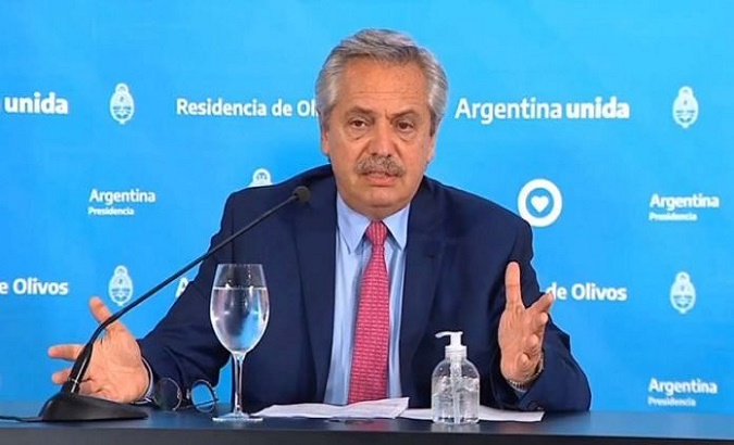 President Alberto Fernandez at a press conference, Buenos Aires, Argentina, July 12, 2021.