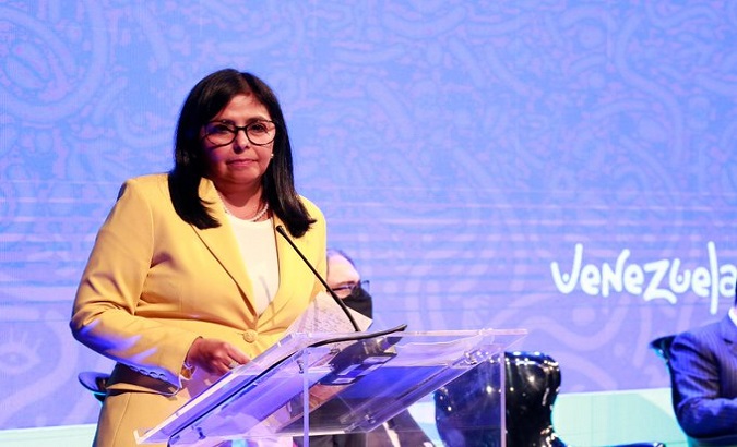 Vice President Delcy Rodriguez at a press conference, Caracas, Venezuela, July 20, 2021.