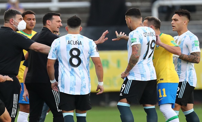 Brazilian health authorities intervene in a match between football teams from Brazil and Argentina, Sao Paolo, Brazil, Sep. 5, 2021.