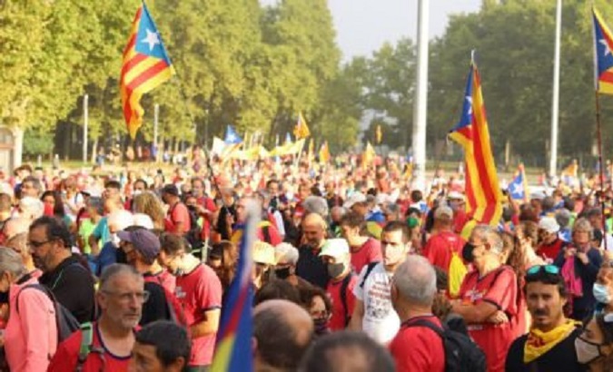Pro-independence march, Barcelona, Catalonia, Spain, Oct. 3, 2021.