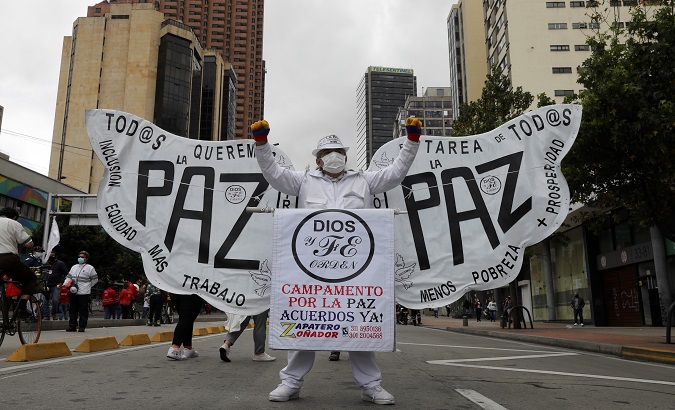 A demonstrator demands Peace, Bogota, Colombia, 2020.