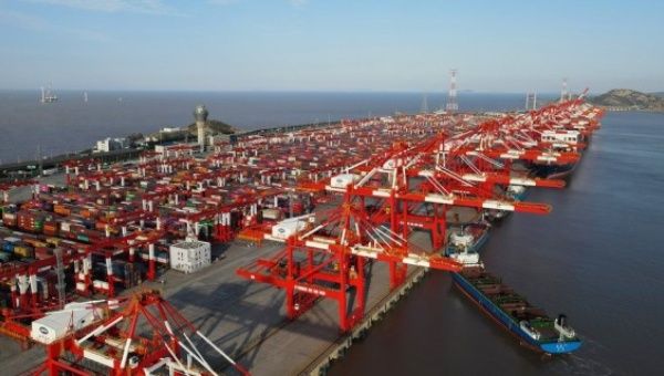 Aerial photo taken on April 6, 2021 shows a view of the automated container terminal of Shanghai's Yangshan Port, east China