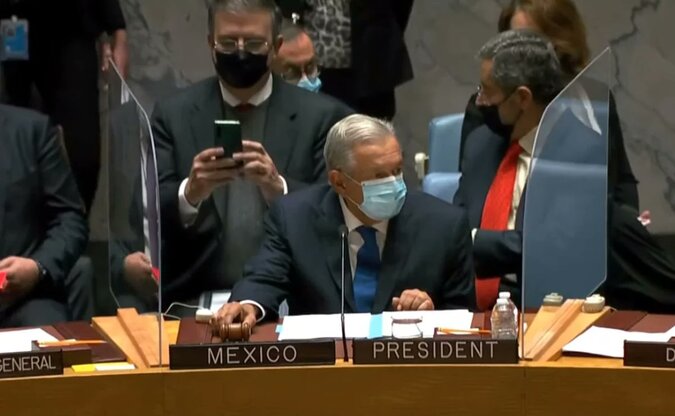 Mexican President Andres Manuel Lopez Obrador at the UN Security Council in New York City. November 9, 2021.