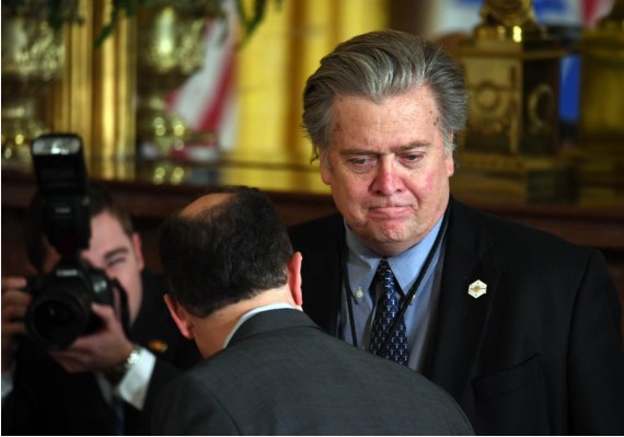 File photo taken on Feb. 15, 2017 shows Steve Bannon (1st R) at the White House in Washington D.C., the United States