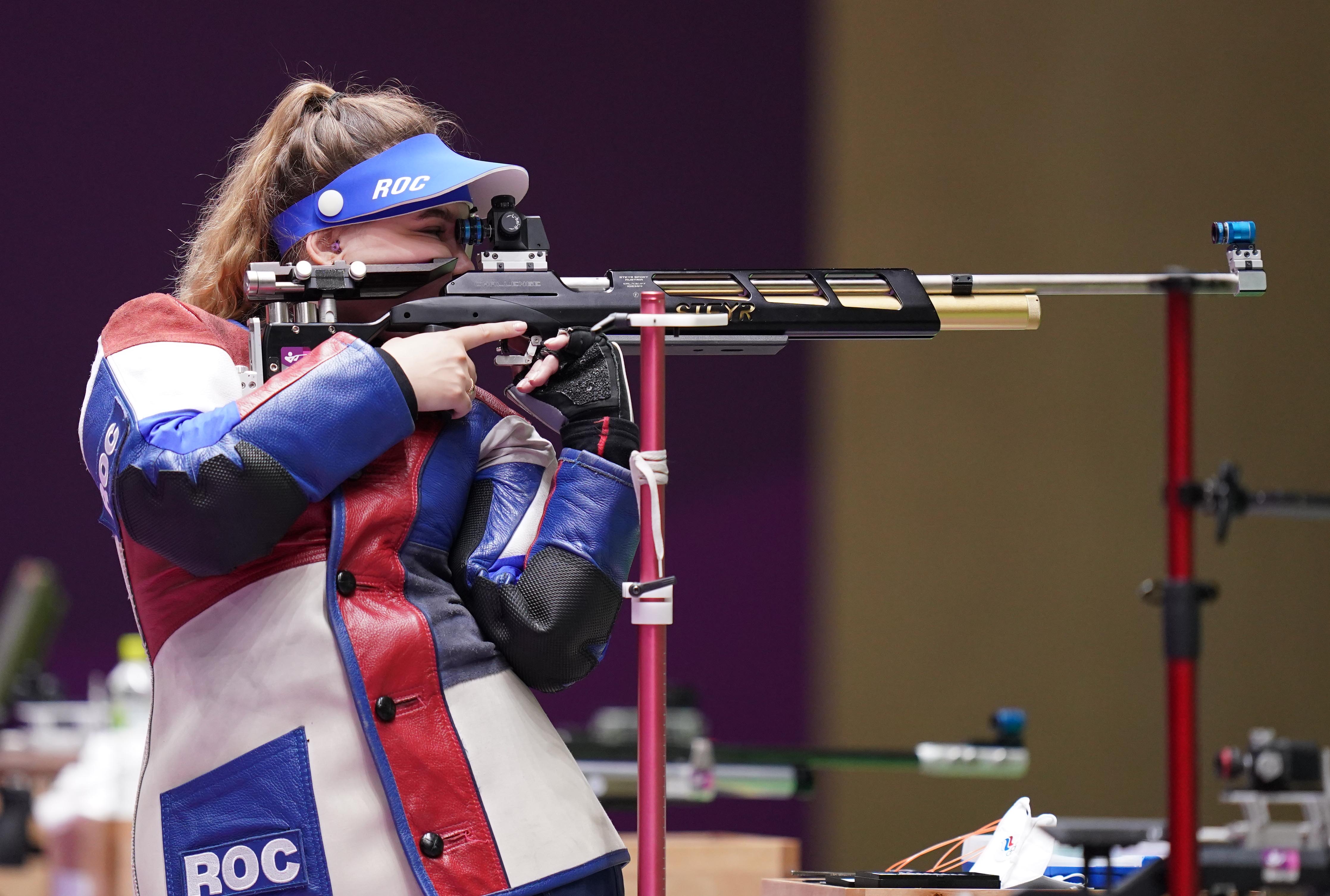 Anastasiia Galashina of Russian Olympic Committee (ROC) competes during the Tokyo 2020 women's 10m air rifle final in Tokyo, Japan, July 24, 2021.